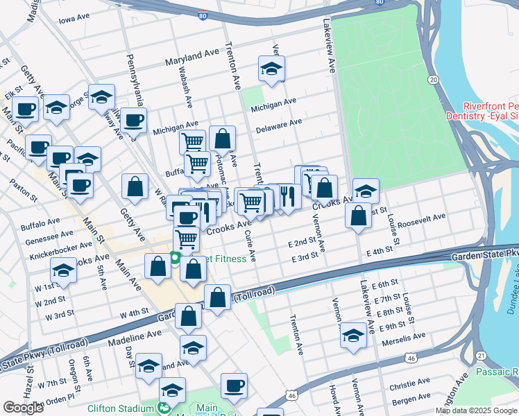 map of restaurants, bars, coffee shops, grocery stores, and more near 432-1-434 Trenton Avenue in Paterson