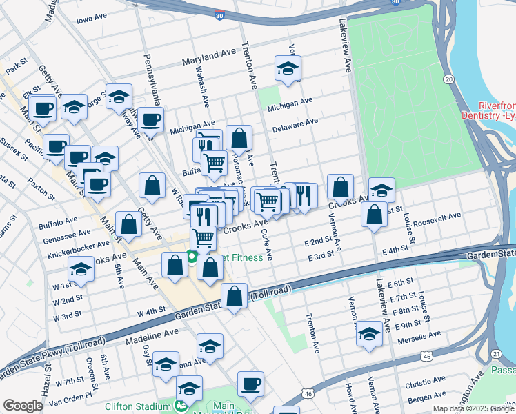 map of restaurants, bars, coffee shops, grocery stores, and more near in Paterson
