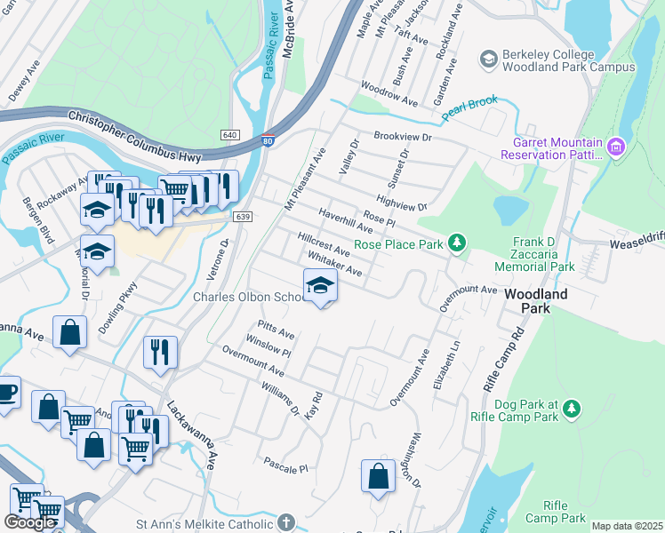 map of restaurants, bars, coffee shops, grocery stores, and more near 46 Meriline Avenue in Woodland Park