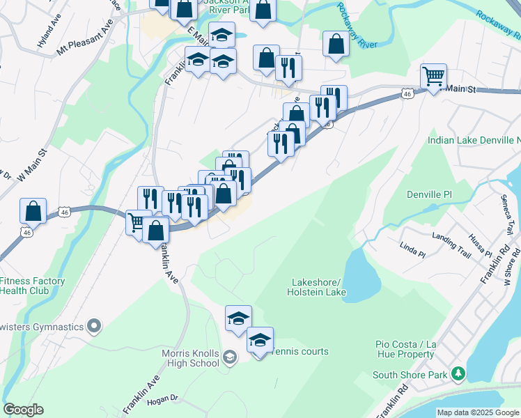 map of restaurants, bars, coffee shops, grocery stores, and more near 156 U.S. 46 in Rockaway