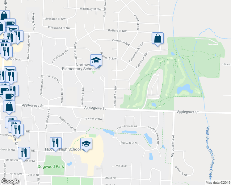 map of restaurants, bars, coffee shops, grocery stores, and more near 7148 Starcliff Avenue Northwest in North Canton