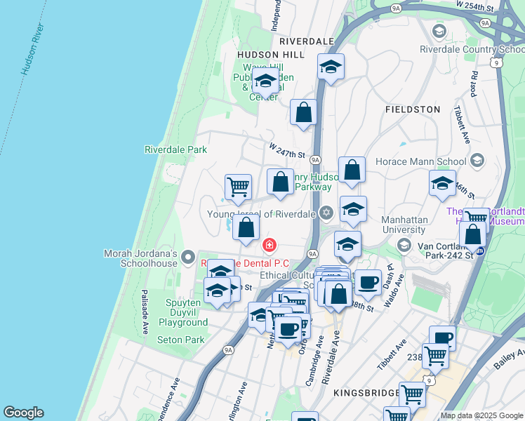 map of restaurants, bars, coffee shops, grocery stores, and more near 630 West 246th Street in The Bronx