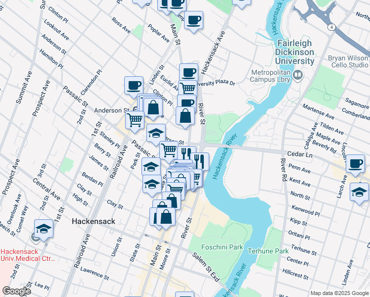 map of restaurants, bars, coffee shops, grocery stores, and more near 409 Main Street in Hackensack