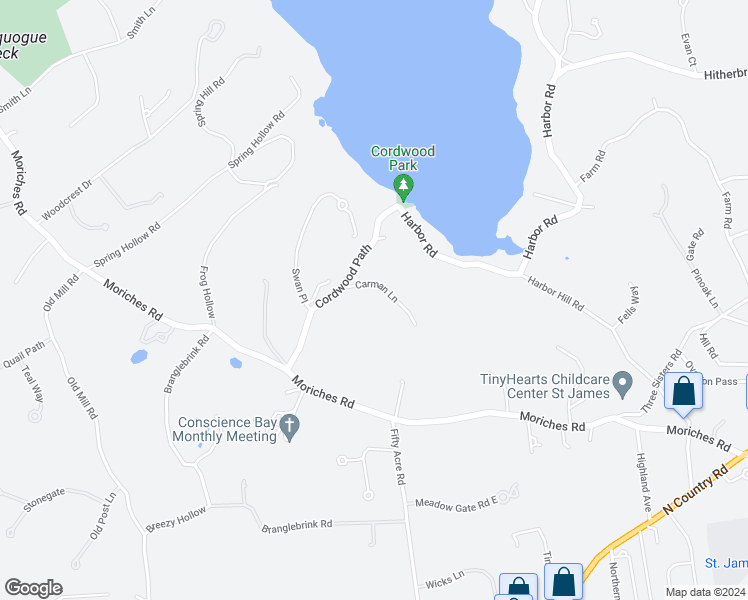 map of restaurants, bars, coffee shops, grocery stores, and more near 22 Carman Lane in Saint James