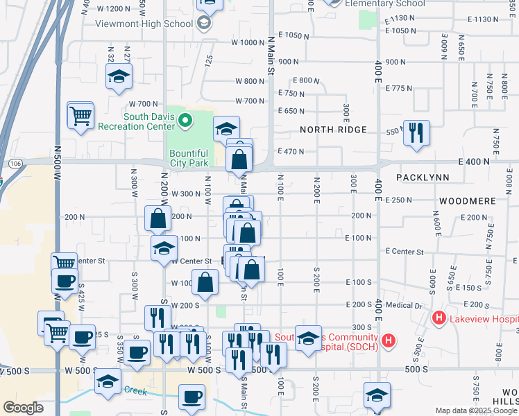 map of restaurants, bars, coffee shops, grocery stores, and more near 59 East 200 North in Bountiful
