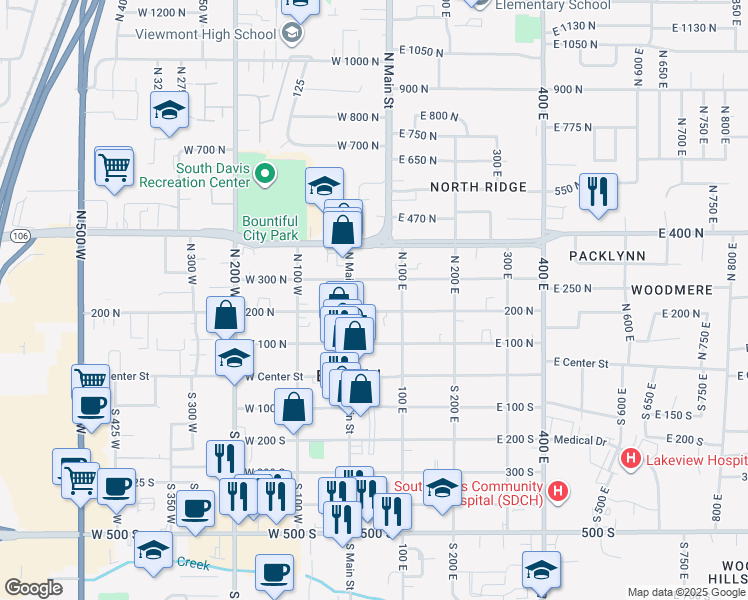 map of restaurants, bars, coffee shops, grocery stores, and more near 51 East 200 North in Bountiful