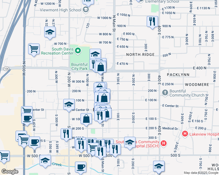 map of restaurants, bars, coffee shops, grocery stores, and more near 41 East 200 North in Bountiful