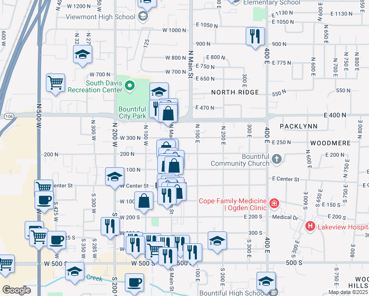 map of restaurants, bars, coffee shops, grocery stores, and more near 59 East 200 North in Bountiful