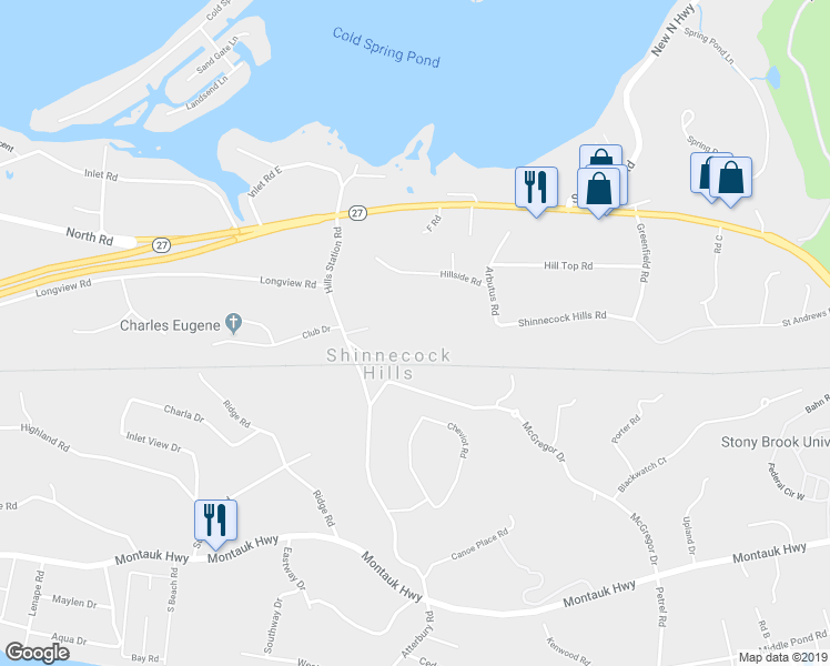map of restaurants, bars, coffee shops, grocery stores, and more near 24 Hillside Road in Southampton