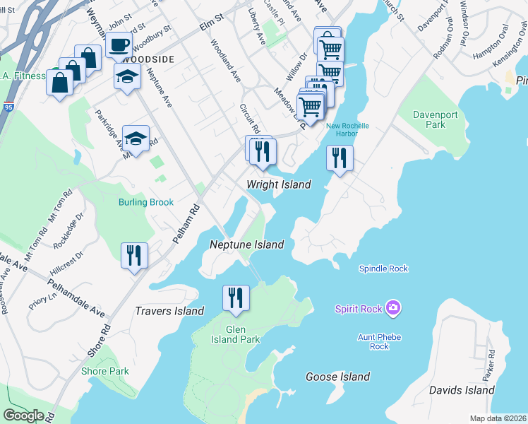 map of restaurants, bars, coffee shops, grocery stores, and more near 40 Harbor Lane in New Rochelle
