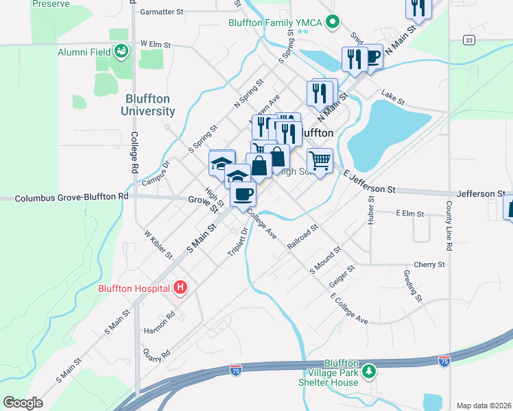 map of restaurants, bars, coffee shops, grocery stores, and more near 115 East College Avenue in Bluffton