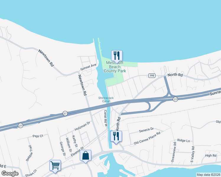 map of restaurants, bars, coffee shops, grocery stores, and more near 6 Canal Road in Hampton Bays