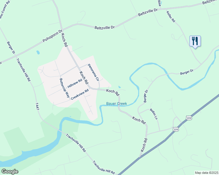 map of restaurants, bars, coffee shops, grocery stores, and more near 675 Koch Road in Kunkletown