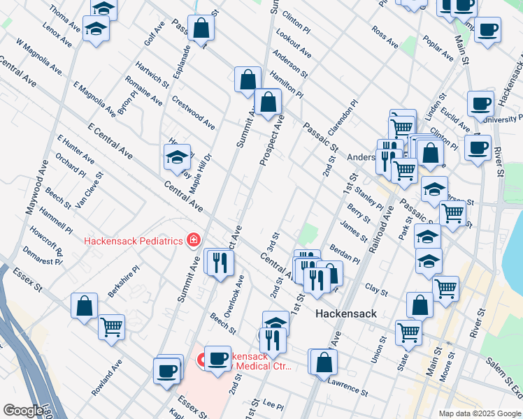 map of restaurants, bars, coffee shops, grocery stores, and more near 260 Prospect Avenue in Hackensack