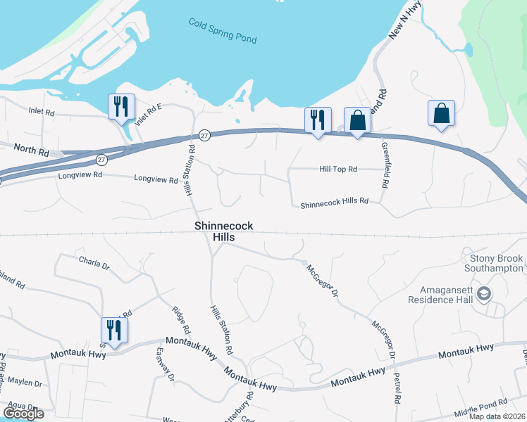 map of restaurants, bars, coffee shops, grocery stores, and more near 24 Hillside Road in Southampton