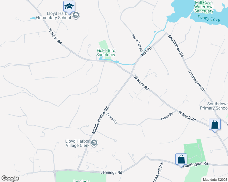 map of restaurants, bars, coffee shops, grocery stores, and more near 5 Middle Hollow Road in Lloyd Harbor