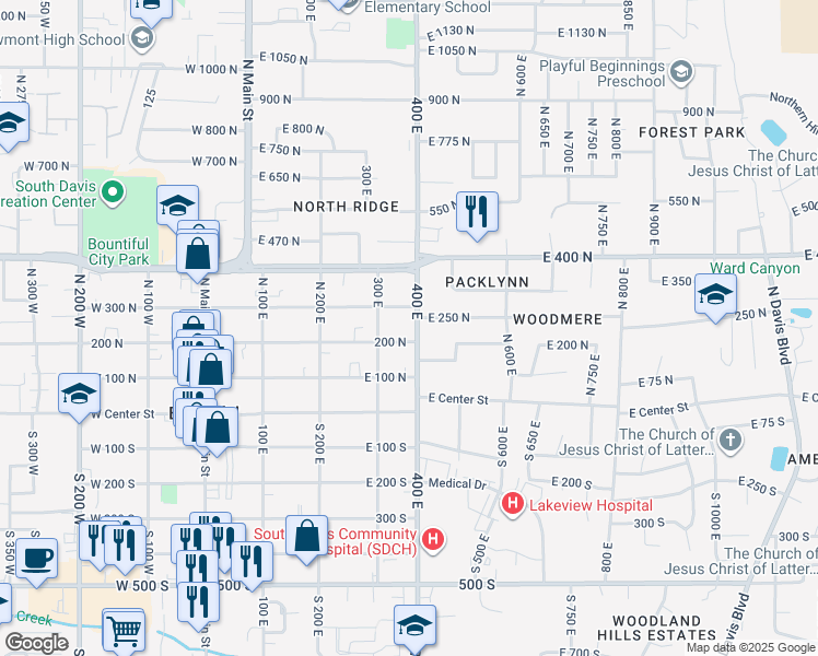 map of restaurants, bars, coffee shops, grocery stores, and more near 371 East 200 North in Bountiful