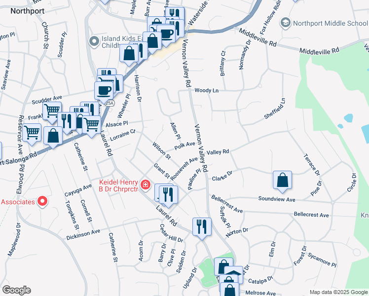 map of restaurants, bars, coffee shops, grocery stores, and more near 49 Roosevelt Avenue in East Northport