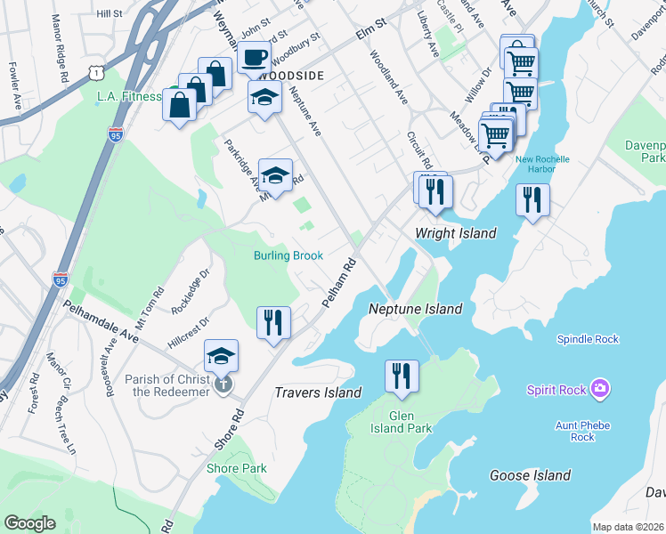 map of restaurants, bars, coffee shops, grocery stores, and more near 620 Pelham Road in New Rochelle