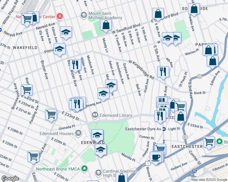 map of restaurants, bars, coffee shops, grocery stores, and more near 2143 Strang Avenue in The Bronx