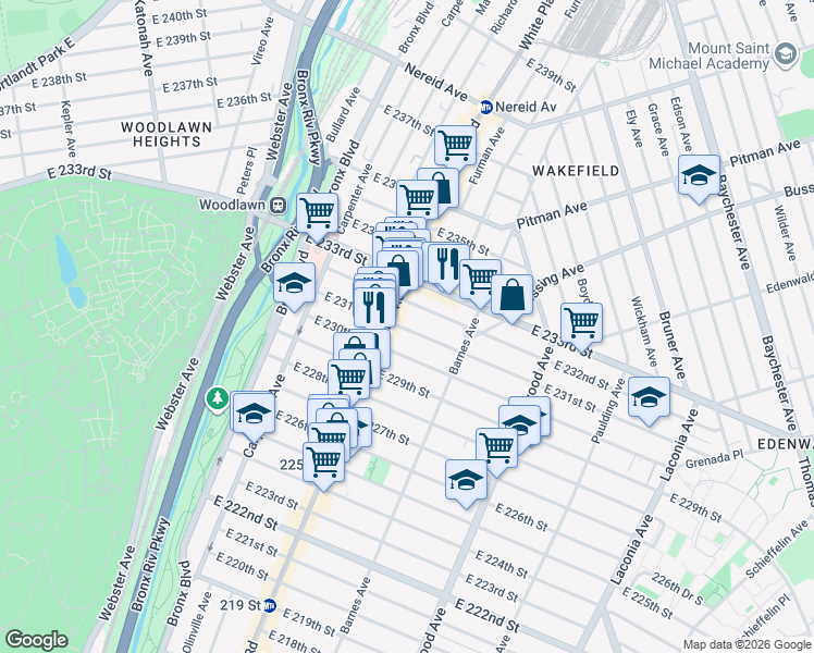 map of restaurants, bars, coffee shops, grocery stores, and more near 724 East 231st Street in Bronx
