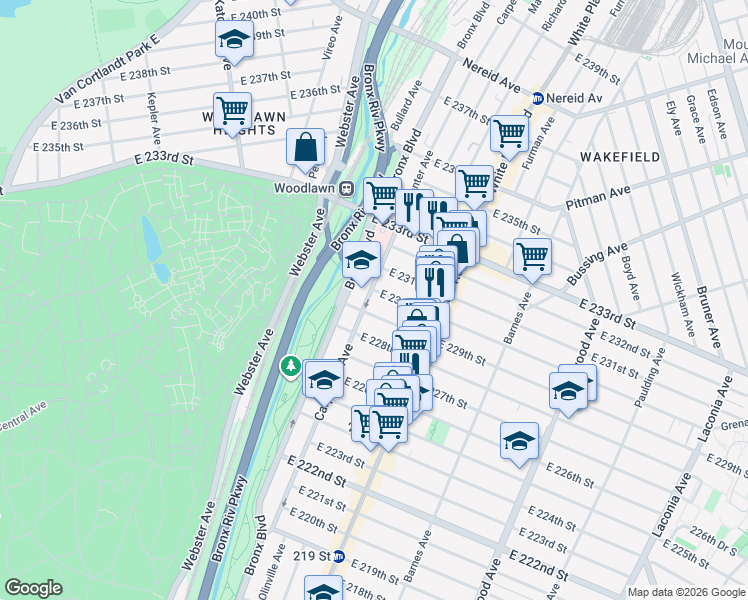 map of restaurants, bars, coffee shops, grocery stores, and more near 629 East 229th Street in Bronx