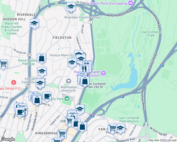 map of restaurants, bars, coffee shops, grocery stores, and more near 6027 Broadway in The Bronx