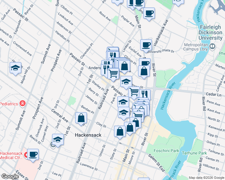 map of restaurants, bars, coffee shops, grocery stores, and more near 390 Railroad Avenue in Hackensack