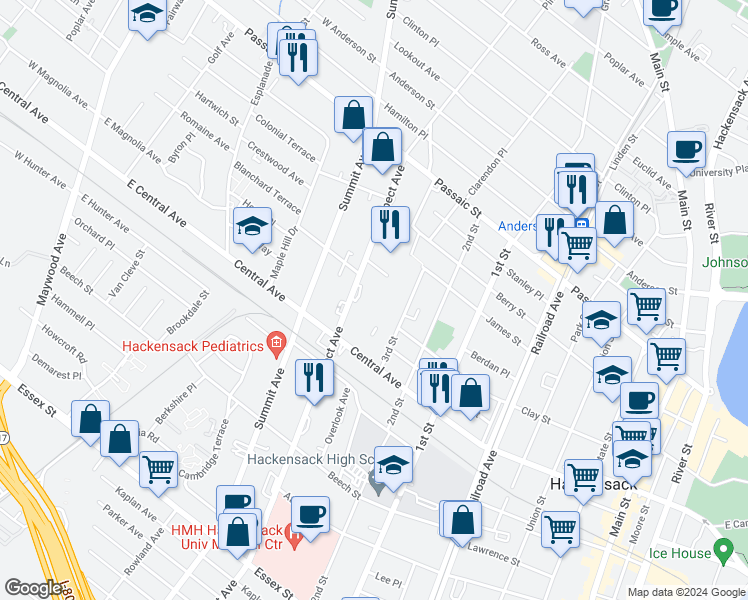 map of restaurants, bars, coffee shops, grocery stores, and more near 260 Prospect Avenue in Hackensack