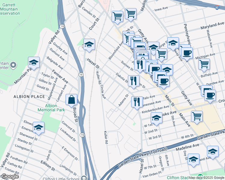 map of restaurants, bars, coffee shops, grocery stores, and more near 45 Montclair Avenue in Clifton
