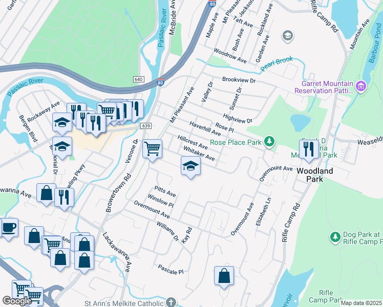 map of restaurants, bars, coffee shops, grocery stores, and more near 46 Meriline Avenue in Woodland Park