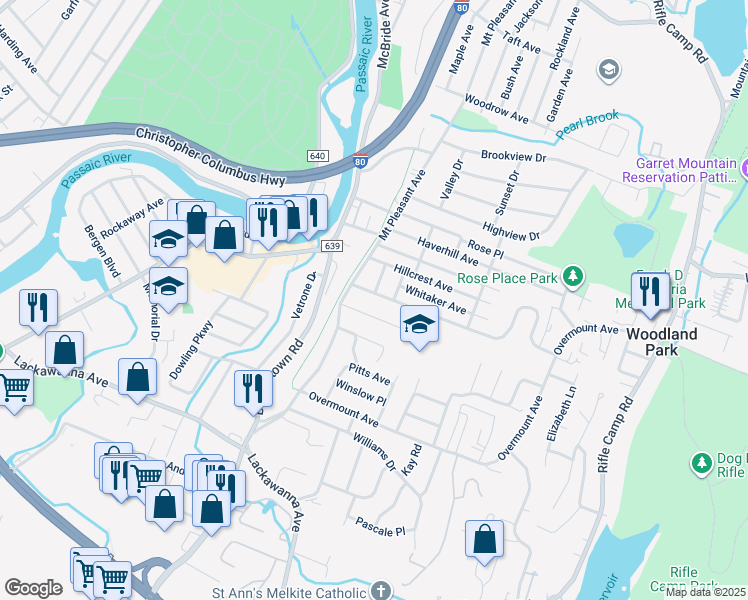 map of restaurants, bars, coffee shops, grocery stores, and more near 20 Bartsch Avenue in Woodland Park