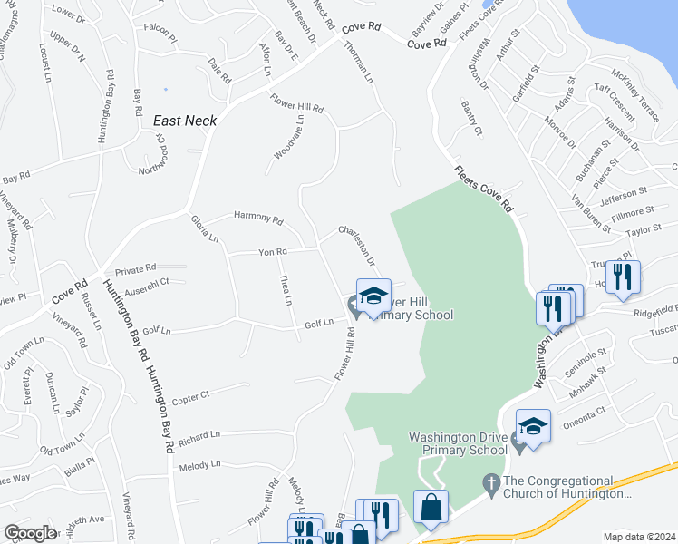 map of restaurants, bars, coffee shops, grocery stores, and more near 140 Flower Hill Road in Huntington