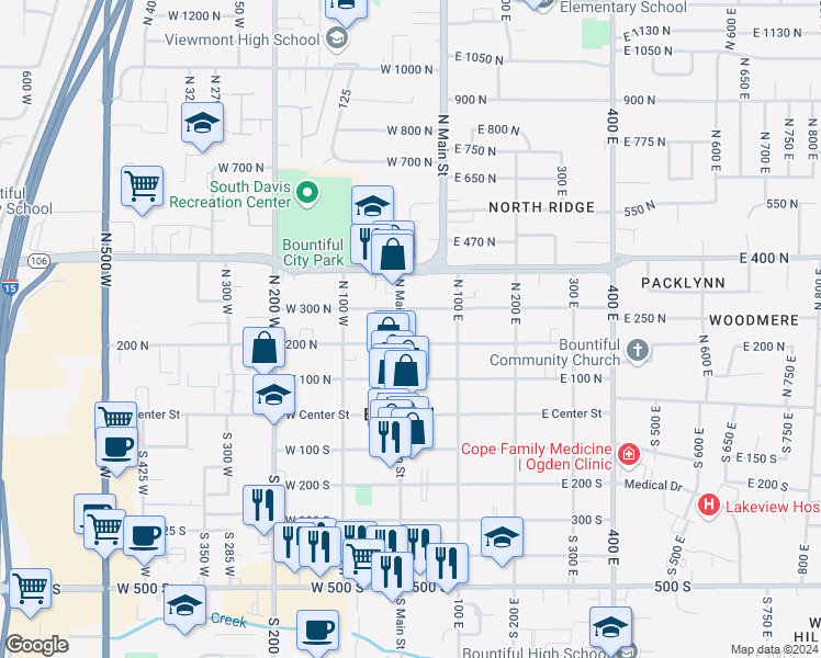 map of restaurants, bars, coffee shops, grocery stores, and more near 256 North Main Street in Bountiful