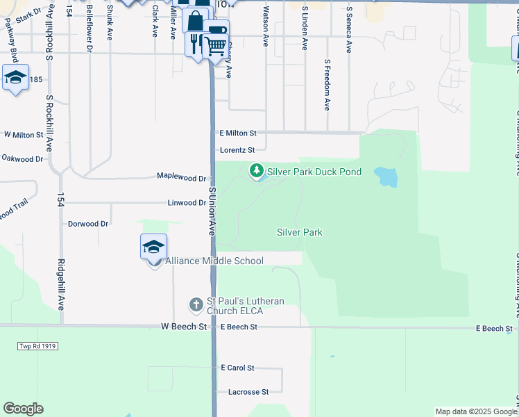 map of restaurants, bars, coffee shops, grocery stores, and more near 2930 South Union Avenue in Alliance