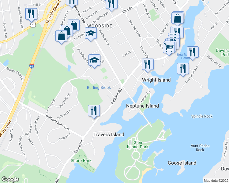 map of restaurants, bars, coffee shops, grocery stores, and more near 620 Pelham Road in New Rochelle