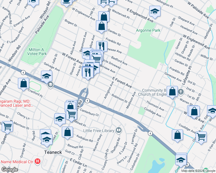 map of restaurants, bars, coffee shops, grocery stores, and more near 1141 Arlington Avenue in Teaneck