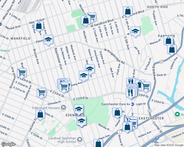 map of restaurants, bars, coffee shops, grocery stores, and more near 2143 Strang Avenue in The Bronx