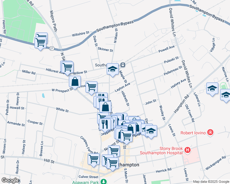 map of restaurants, bars, coffee shops, grocery stores, and more near 96 North Main Street in Southampton