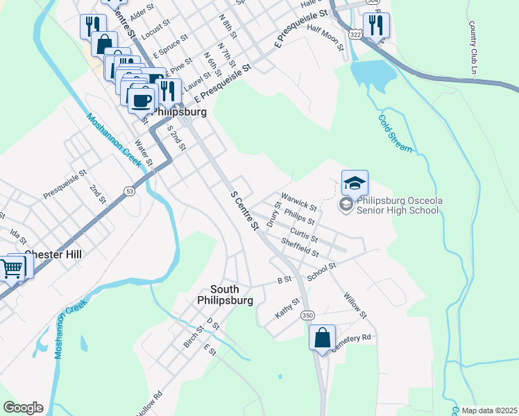 map of restaurants, bars, coffee shops, grocery stores, and more near 401 S Centre St in Philipsburg