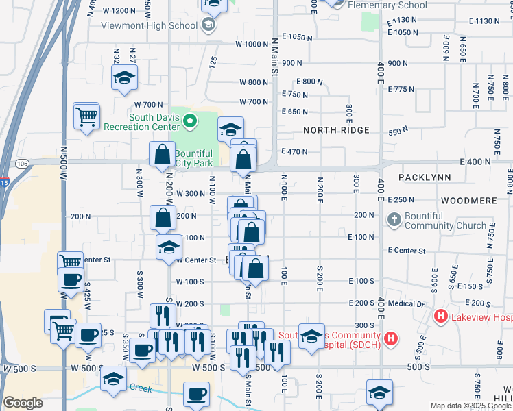 map of restaurants, bars, coffee shops, grocery stores, and more near 256 North Main Street in Bountiful