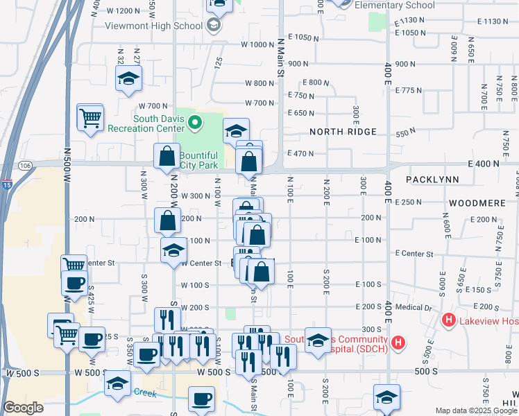 map of restaurants, bars, coffee shops, grocery stores, and more near 252 North Main Street in Bountiful