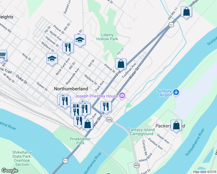 map of restaurants, bars, coffee shops, grocery stores, and more near 449 Front St in Northumberland