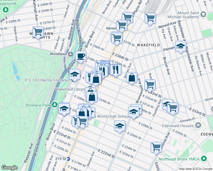 map of restaurants, bars, coffee shops, grocery stores, and more near 717 East 231st Street in Bronx