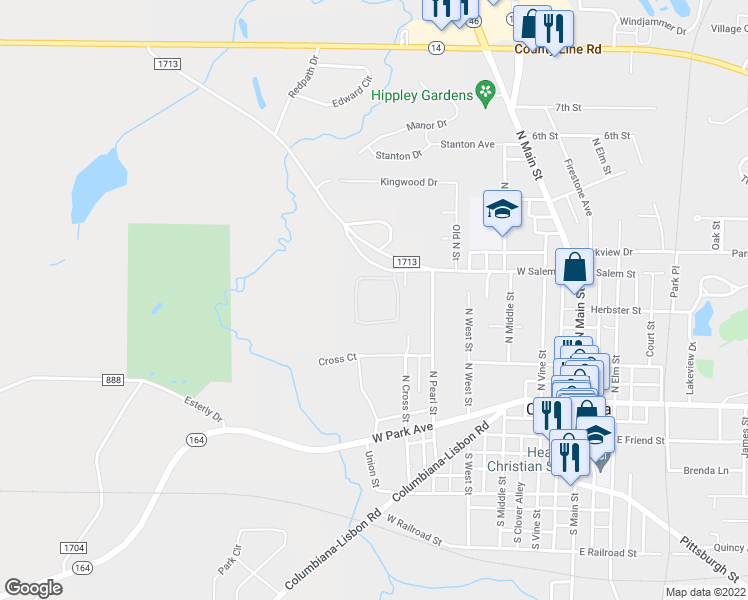 map of restaurants, bars, coffee shops, grocery stores, and more near 337 West Salem Street in Columbiana