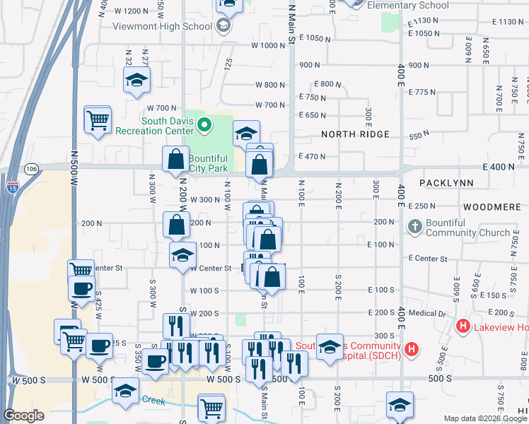 map of restaurants, bars, coffee shops, grocery stores, and more near 220 North Main Street in Bountiful