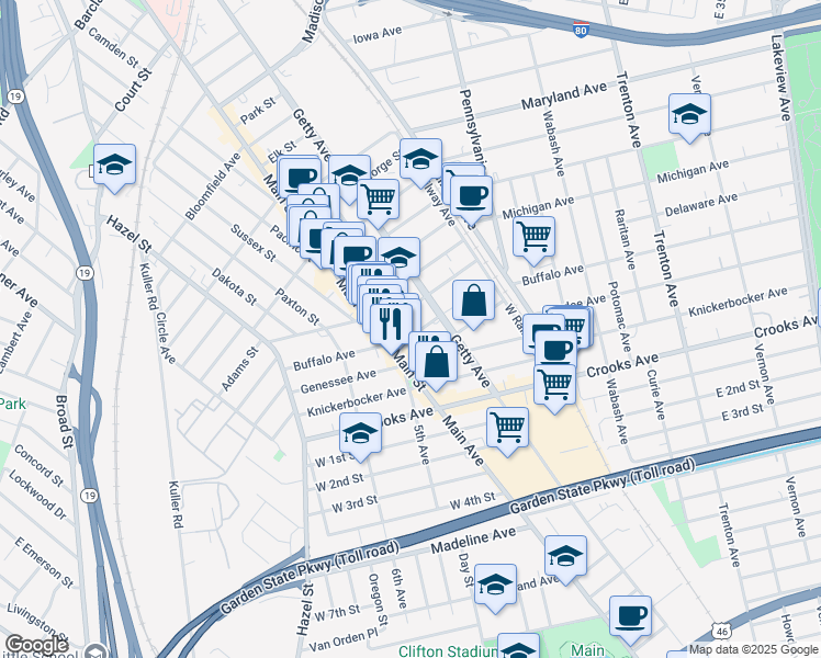 map of restaurants, bars, coffee shops, grocery stores, and more near 114 Buffalo Avenue in Paterson