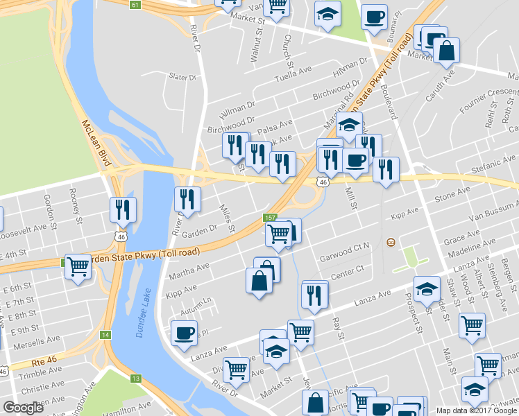 map of restaurants, bars, coffee shops, grocery stores, and more near 93 Bank Street in Elmwood Park