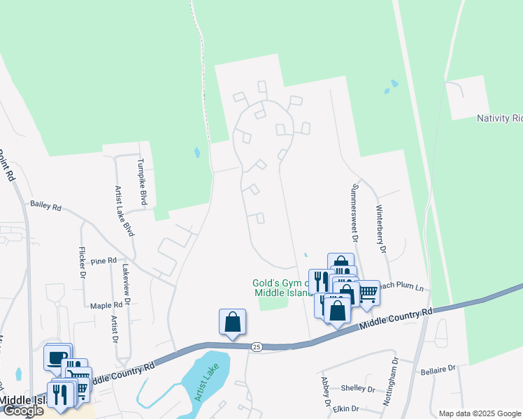 map of restaurants, bars, coffee shops, grocery stores, and more near 27 Amesworth Court in Middle Island