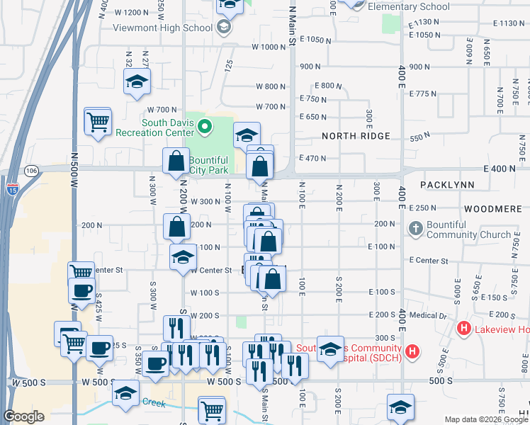 map of restaurants, bars, coffee shops, grocery stores, and more near 220 North Main Street in Bountiful